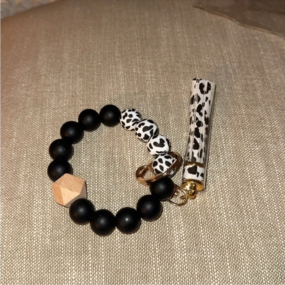 Black and White Beaded Keychain Bracelet with Tassel
